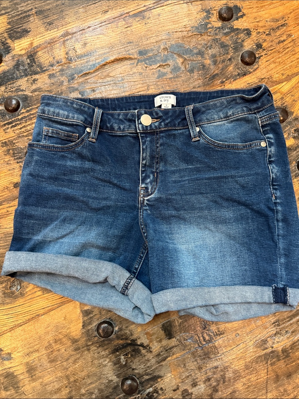 crown & ivy Dark Blue Rolled Hem Denim Shorts